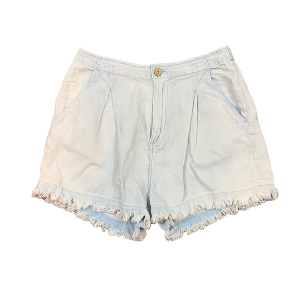 Free People Chambray Fringe Hem Pleated Jean Shorts